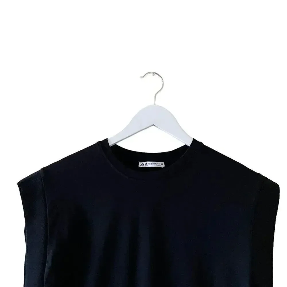 Zara Women’s Black Solid Crewneck Cotton Essential Sleeveless T-Shirt SZ S #1164